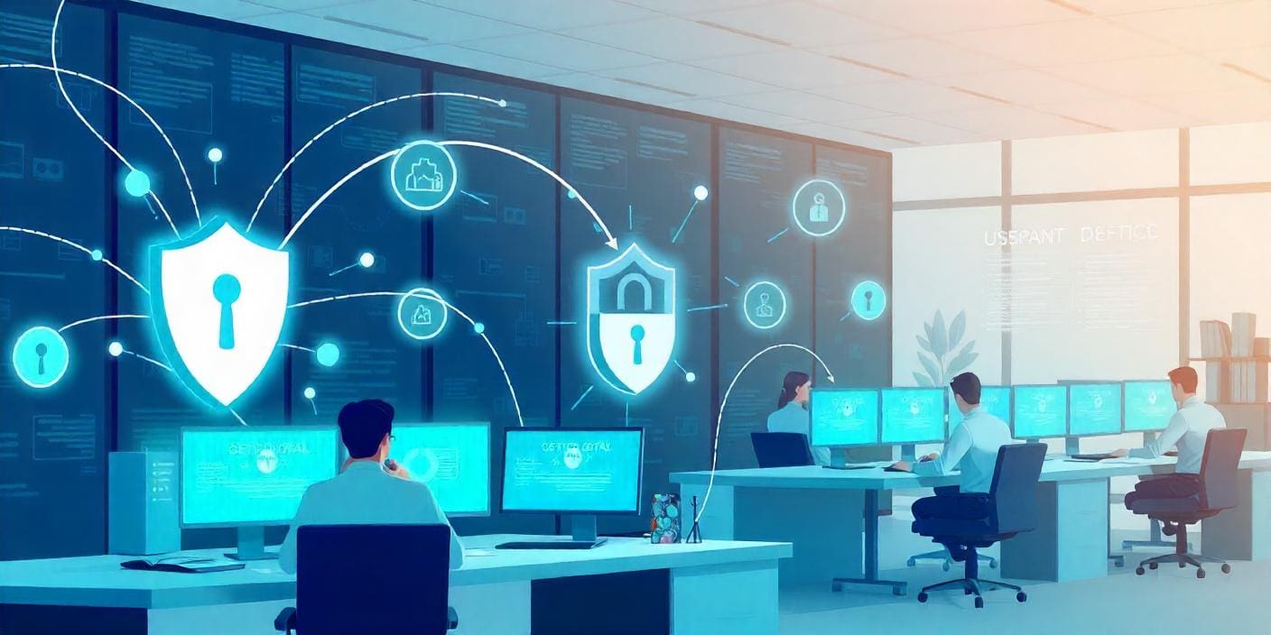 Illustration of an office with data securely flowing around.