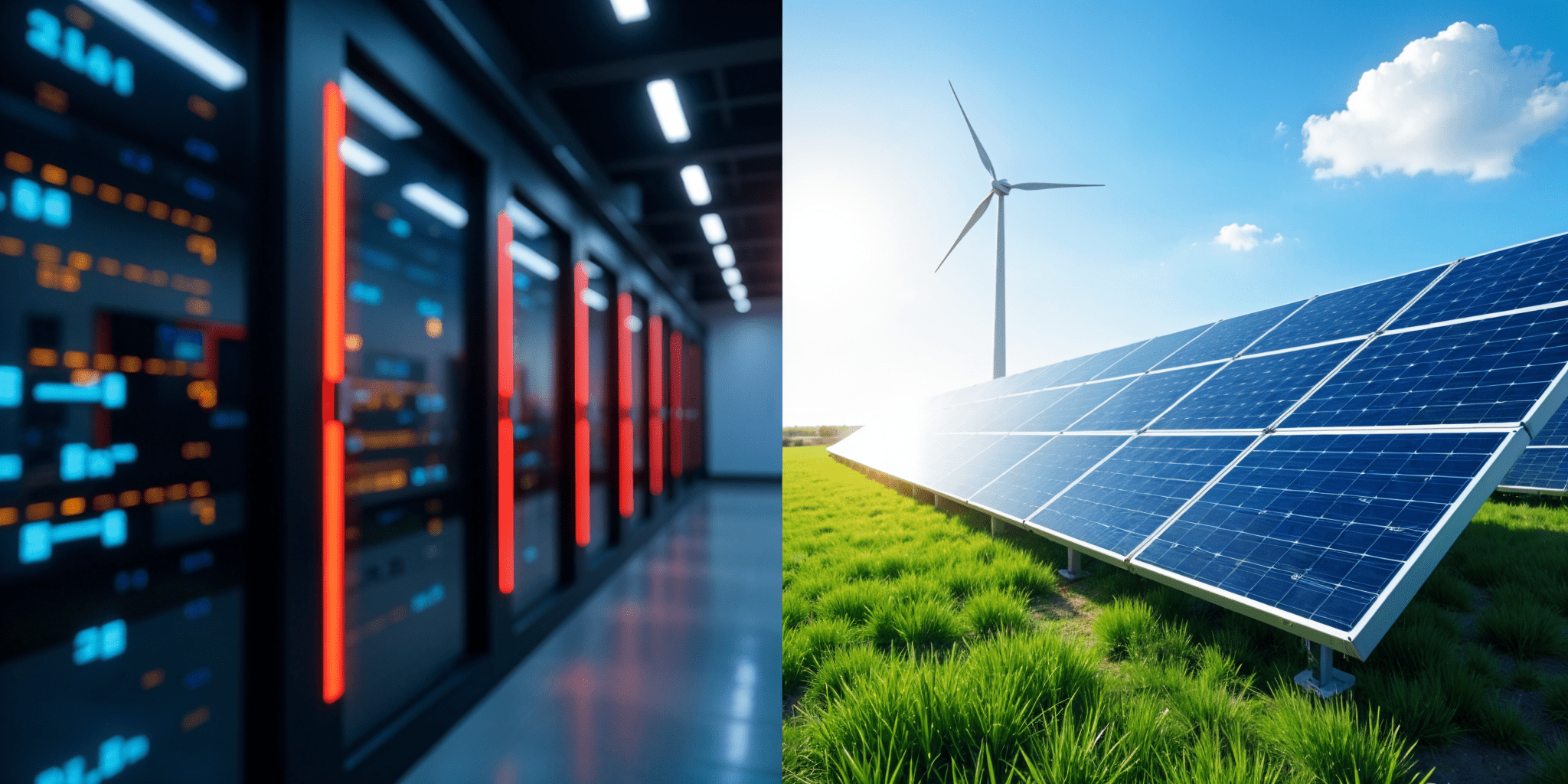 Split screen of a data center and solar panels