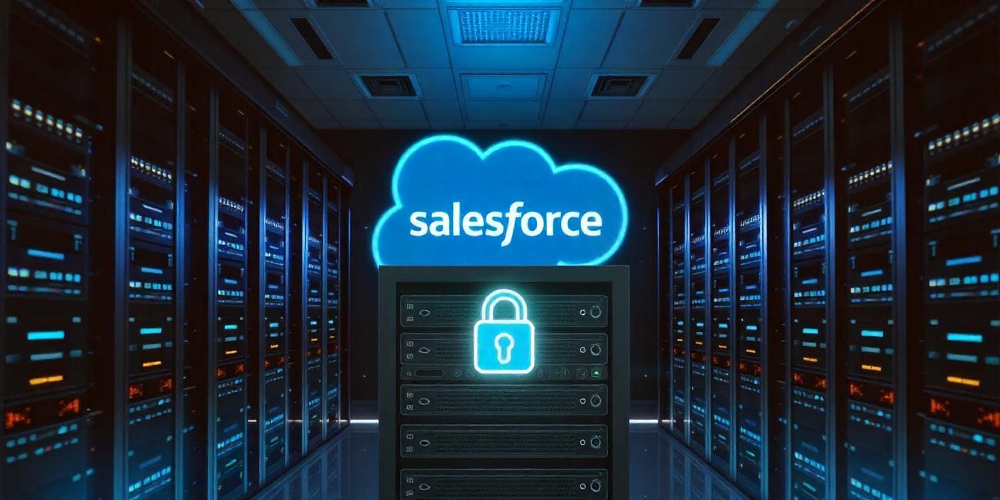 Digital cloud security room with a padlock on server racks and cascading encryption code in neon lights