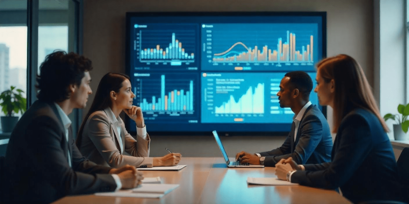 A group talking about data analytics strategy