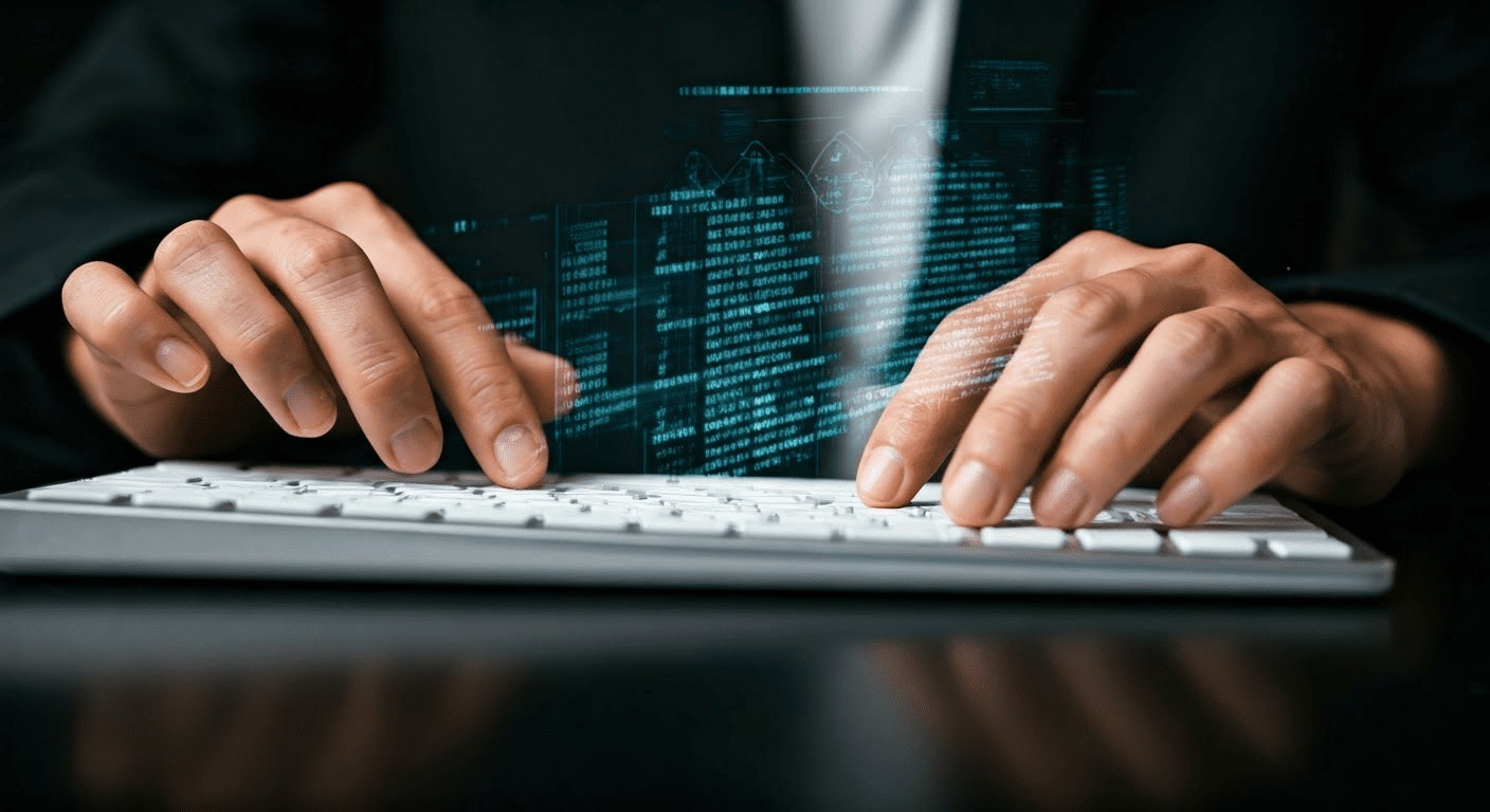 Hands practicing encryption on keyboard