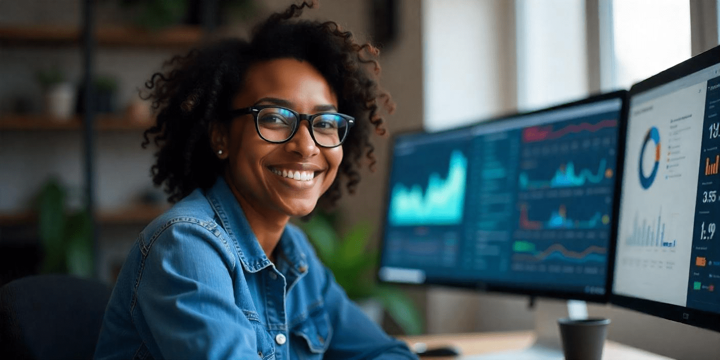 A data analyst in front of various technology tools 