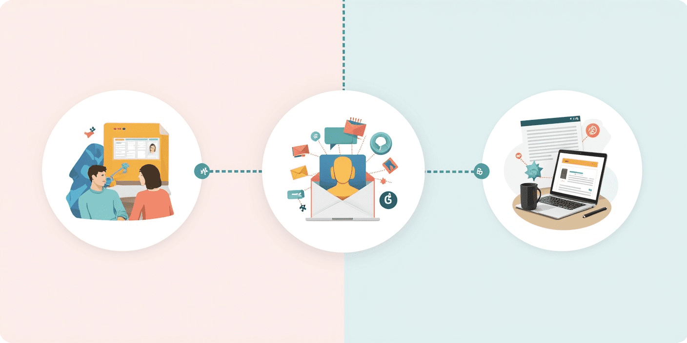 Three connected icons for customer relationship management