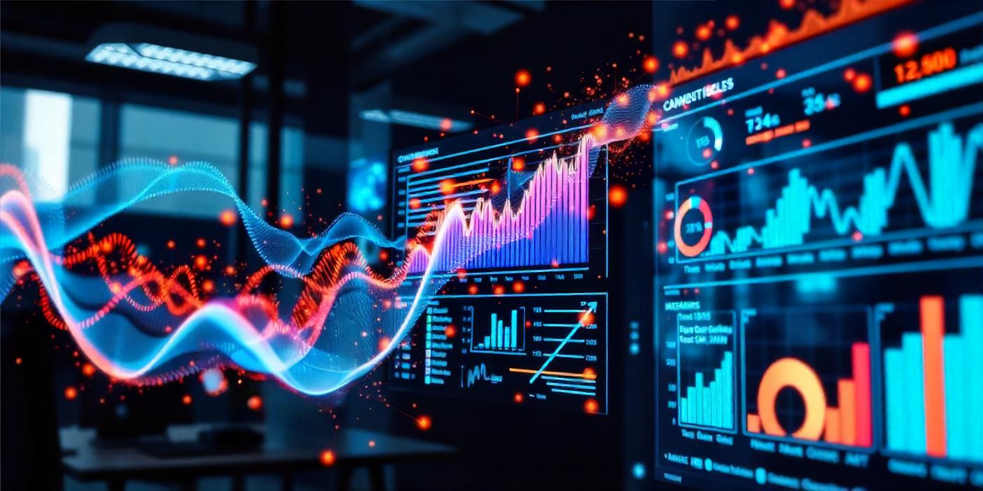 Glowing data flowing into a dashboard showing data analytics strategy
