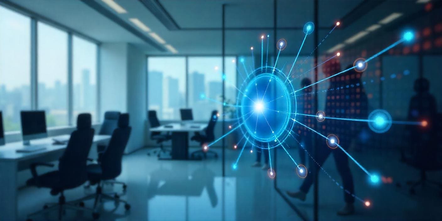 A web of connected data with an office background