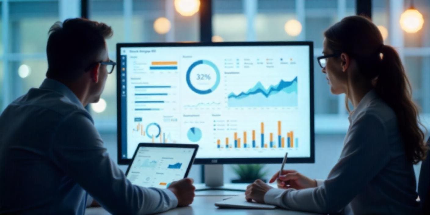 Two people looking at a data analytics dashboard