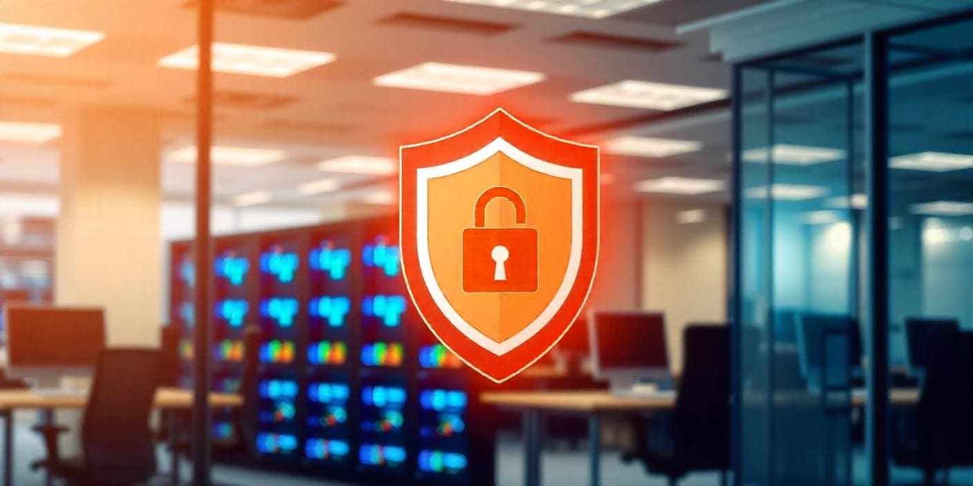 A shield with a data center in the background