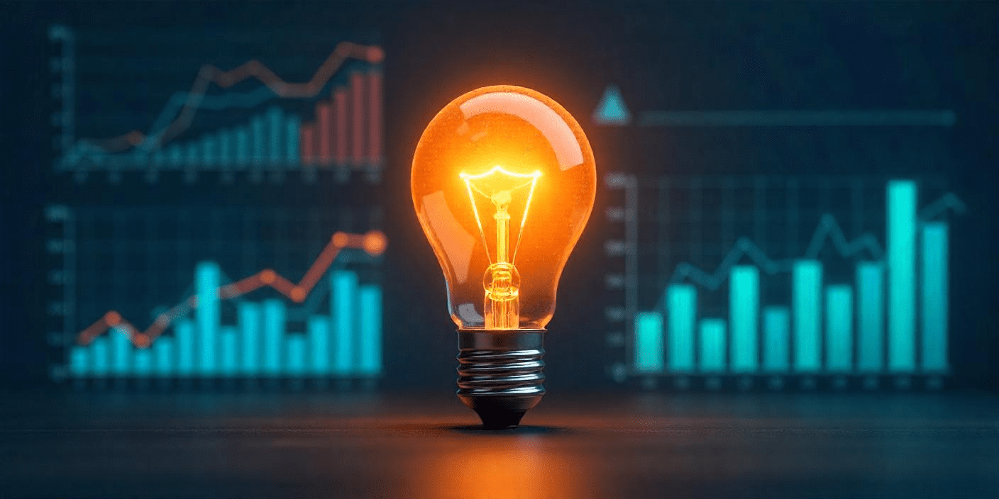 Illuminated light bulb with data in the background