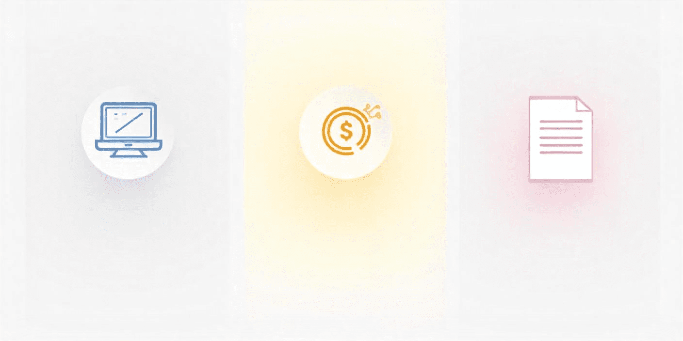 Three business icons spaced evenly apart