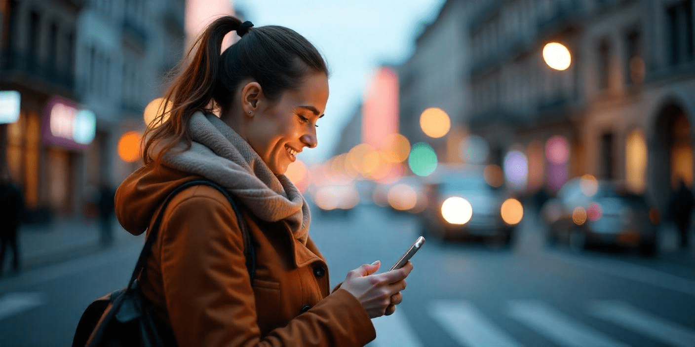 A customer in a city looking at her phone
