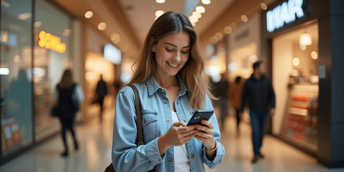 A customer looking at her phone while interacting with digital services